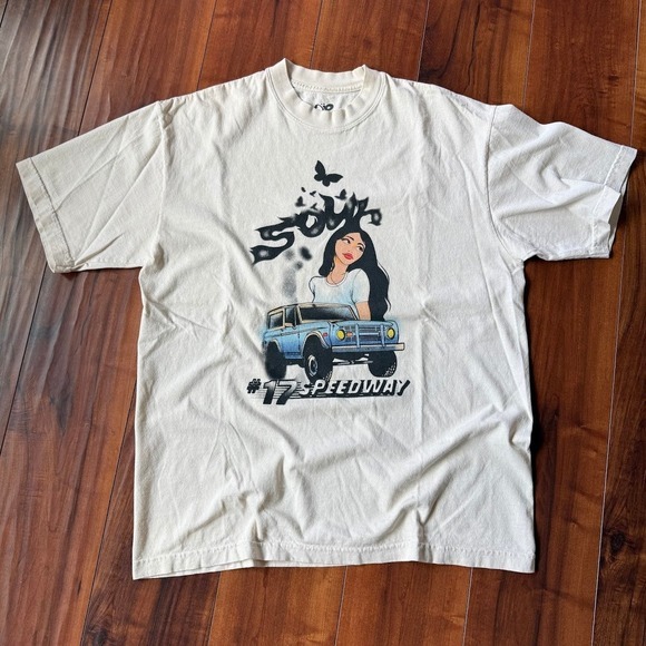 Olivia Rodrigo Sour Merch 17 Speedway Heavyweight Tee Beige‎ Cream Adult Large - Picture 1 of 6